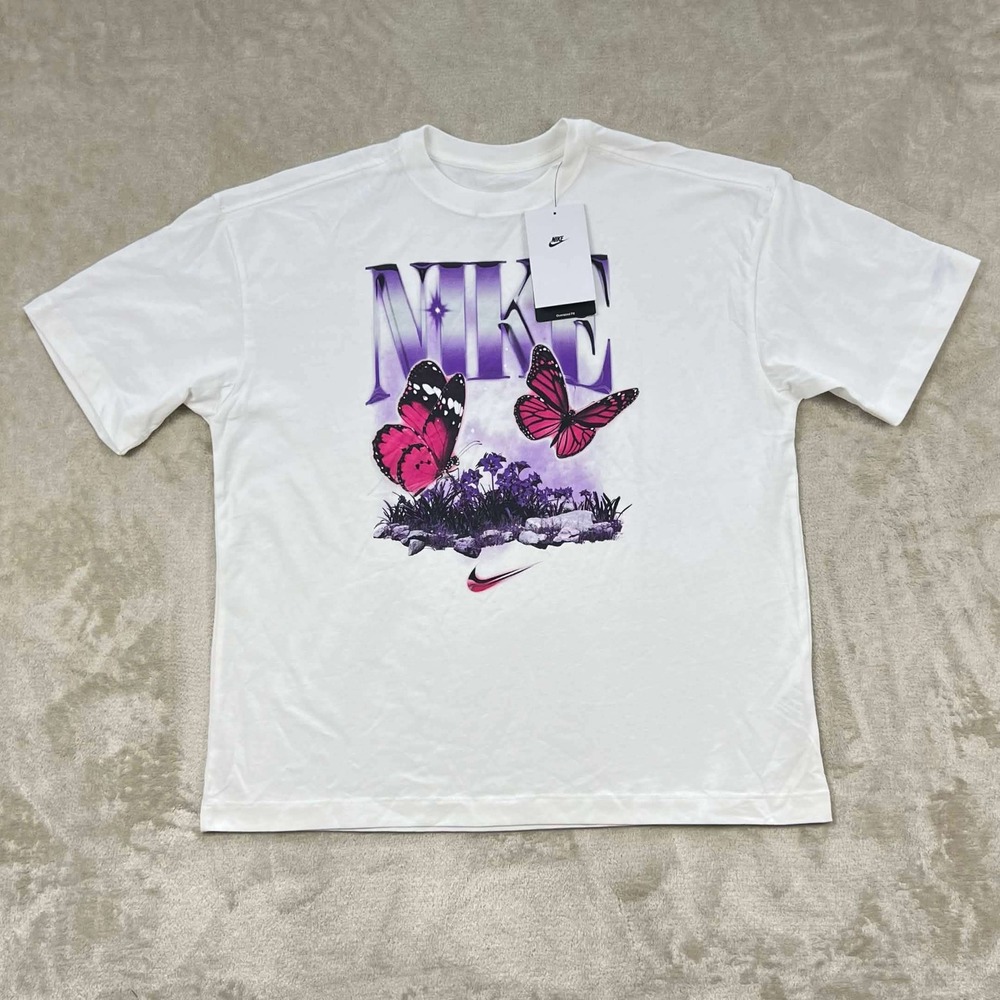 Nike Kids Butterfly Graphic Oversized T-Shirt White Purple IF2536-100 Size M